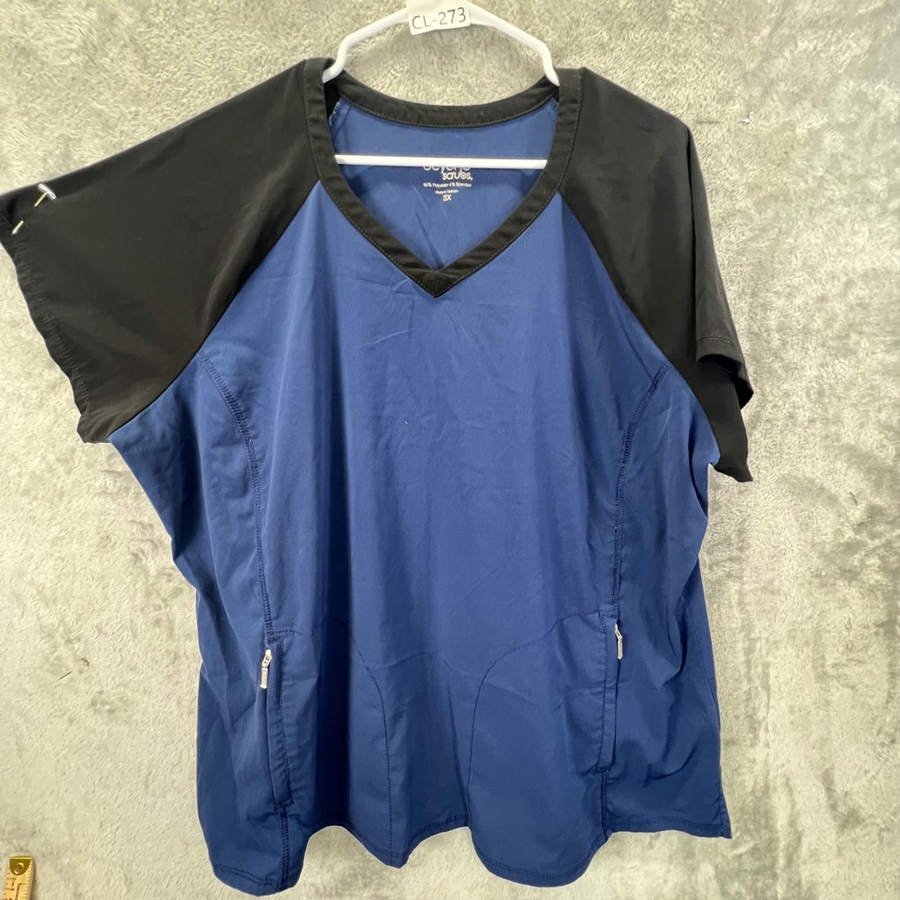 Beyond Scrubs Womens 3X Blue Black‎ V-Neck Raglan Sleeve Scrub Top